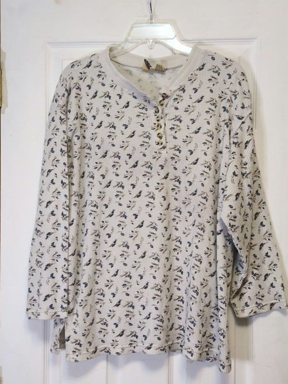 Vintage Northwest Blue Woman Floral Waffle Thermal Henley Top Shirt 2X Cabincore